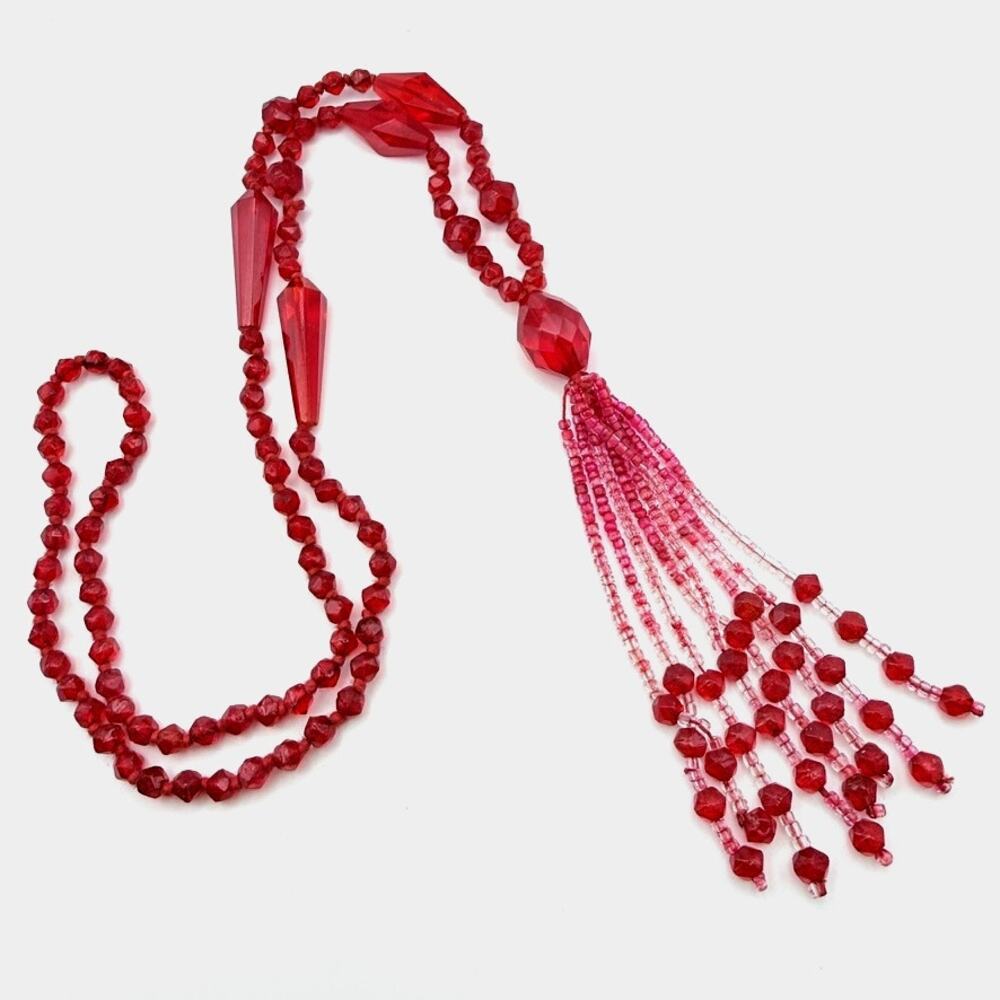 Vintage Red Czech Glass Crystal Tassel Necklace Art Deco Flapper Style 26" Long